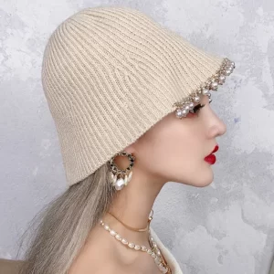 DIY Beige Zircon Pearl Knit Bucket Hat