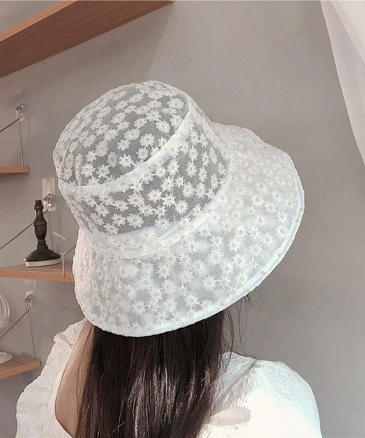 Simple White Daisy Lace Patchwork Embroideried Floppy Sun Hat - Image 4
