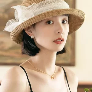 Boho Khaki Lace Patchwork Bow Straw Woven Bucket Hat