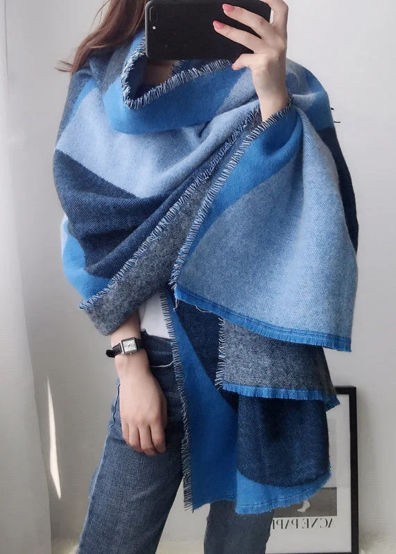 Boutique Blue Plaid Tasseled Autumn Winter Faux Cashmere Shawl - Image 4