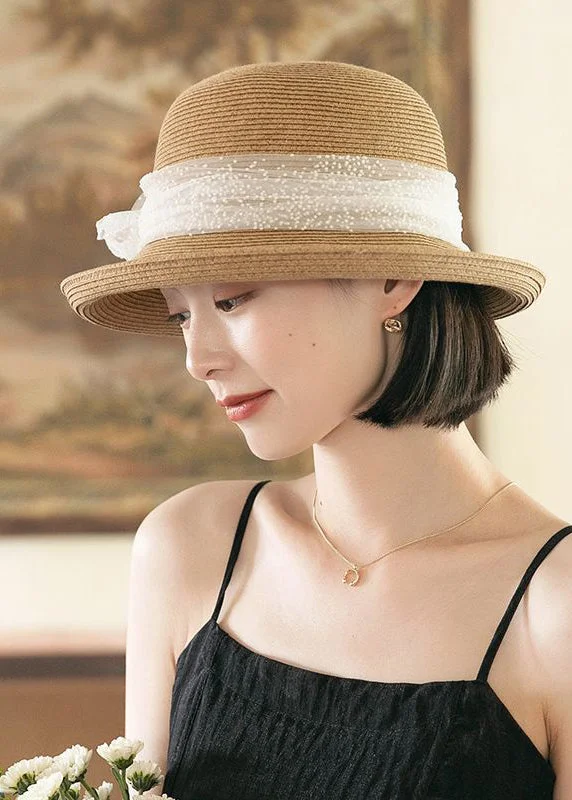 Boho Khaki Lace Patchwork Bow Straw Woven Bucket Hat - Image 2
