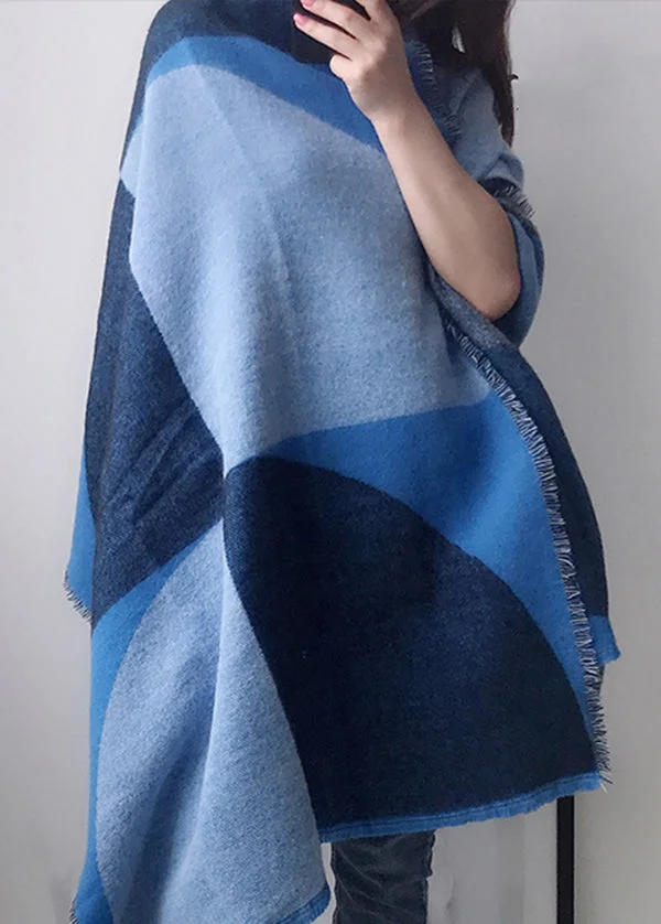 Boutique Blue Plaid Tasseled Autumn Winter Faux Cashmere Shawl - Image 5