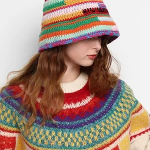 Chic Rainbow Striped Oversized Knit Bucket Hat