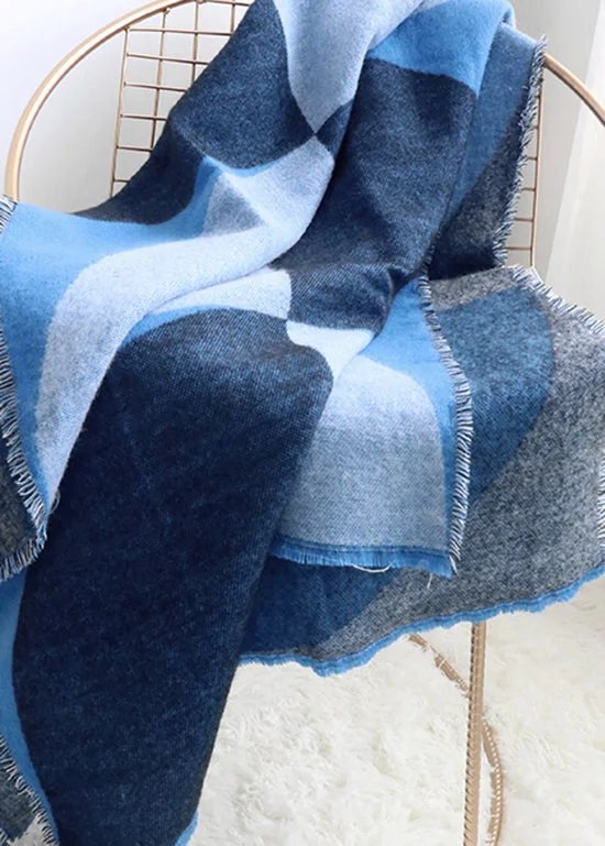 Boutique Blue Plaid Tasseled Autumn Winter Faux Cashmere Shawl - Image 3