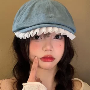 Art Light Blue Lace Ruffled Patchwork Denim Beret Hat