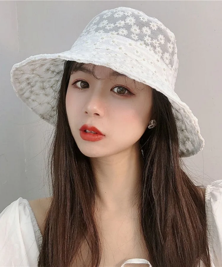 Simple White Daisy Lace Patchwork Embroideried Floppy Sun Hat - Image 3