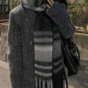 Boutique Black Grey Plaid Faux Cashmere Warm Scarf