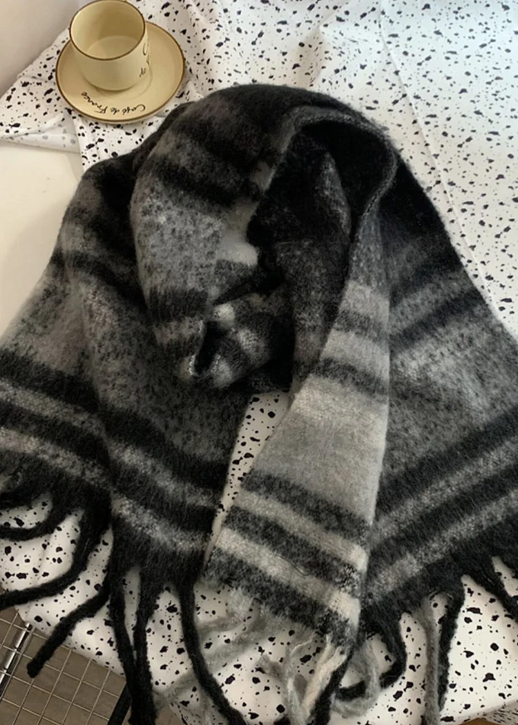 Boutique Black Grey Plaid Faux Cashmere Warm Scarf - Image 4