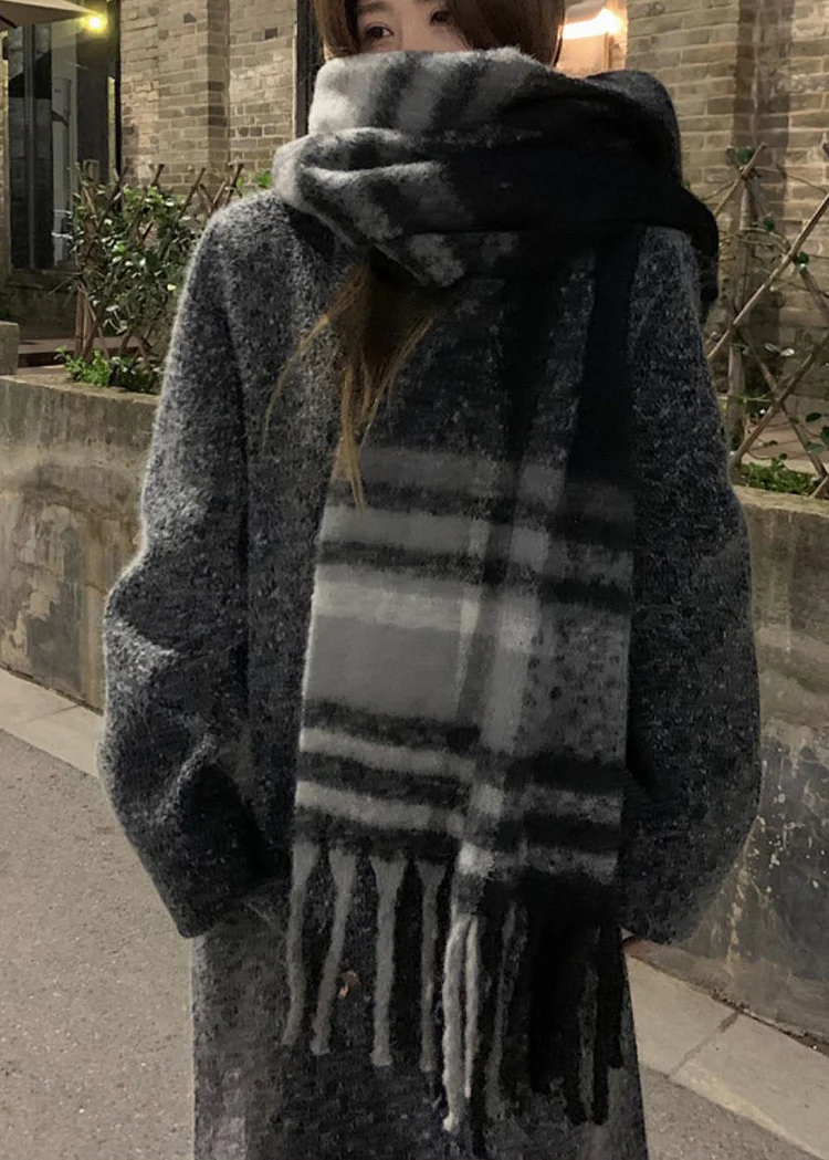 Boutique Black Grey Plaid Faux Cashmere Warm Scarf - Image 3