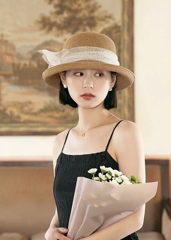 Boho Khaki Lace Patchwork Bow Straw Woven Bucket Hat - Image 3