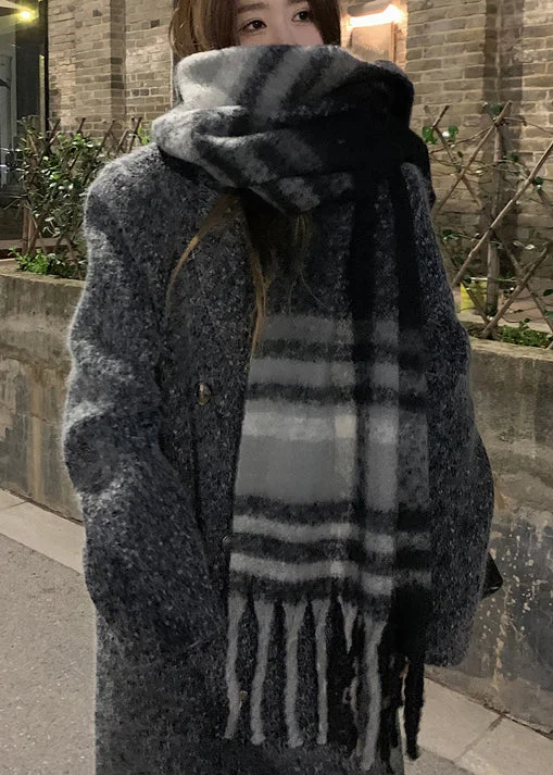 Boutique Black Grey Plaid Faux Cashmere Warm Scarf - Image 5