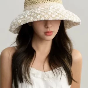 Elegant Beige Hollow Out Lace Patchwork Straw Woven Bucket Hat