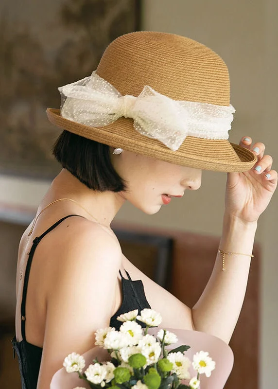 Boho Khaki Lace Patchwork Bow Straw Woven Bucket Hat - Image 5