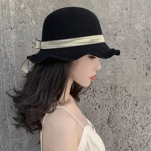 Elegant Black Ruffled Bow Straw Woven Floppy Sun Hat