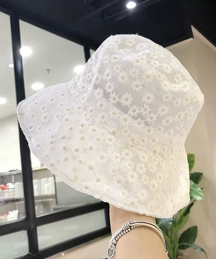 Simple White Daisy Lace Patchwork Embroideried Floppy Sun Hat - Image 2