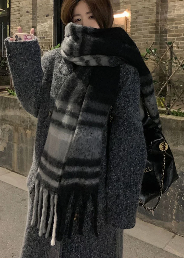 Boutique Black Grey Plaid Faux Cashmere Warm Scarf - Image 2