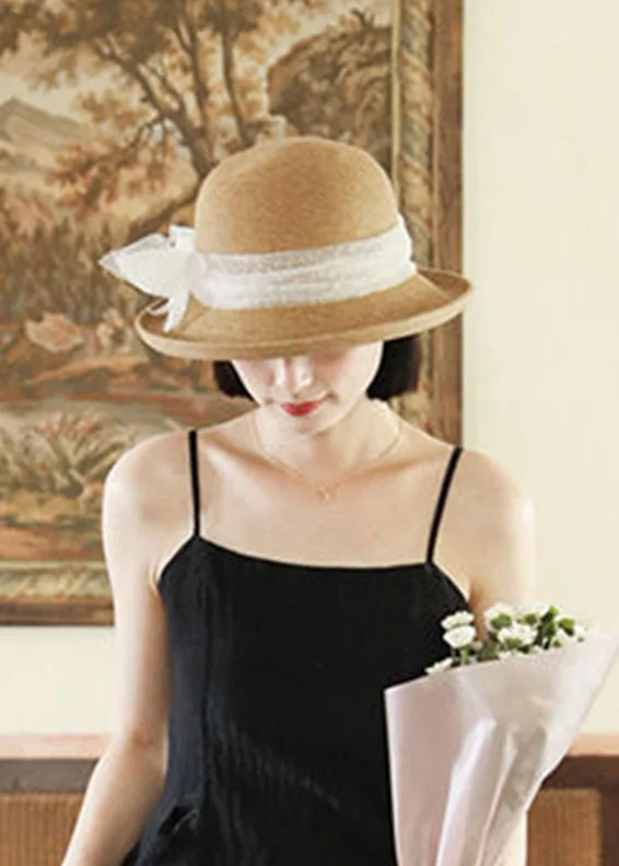 Boho Khaki Lace Patchwork Bow Straw Woven Bucket Hat - Image 4
