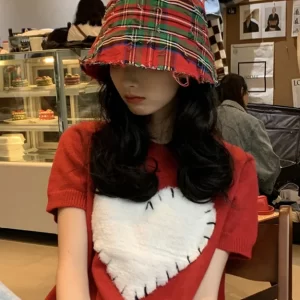 Casual Red Striped Patchwork Cotton Cloche Hat